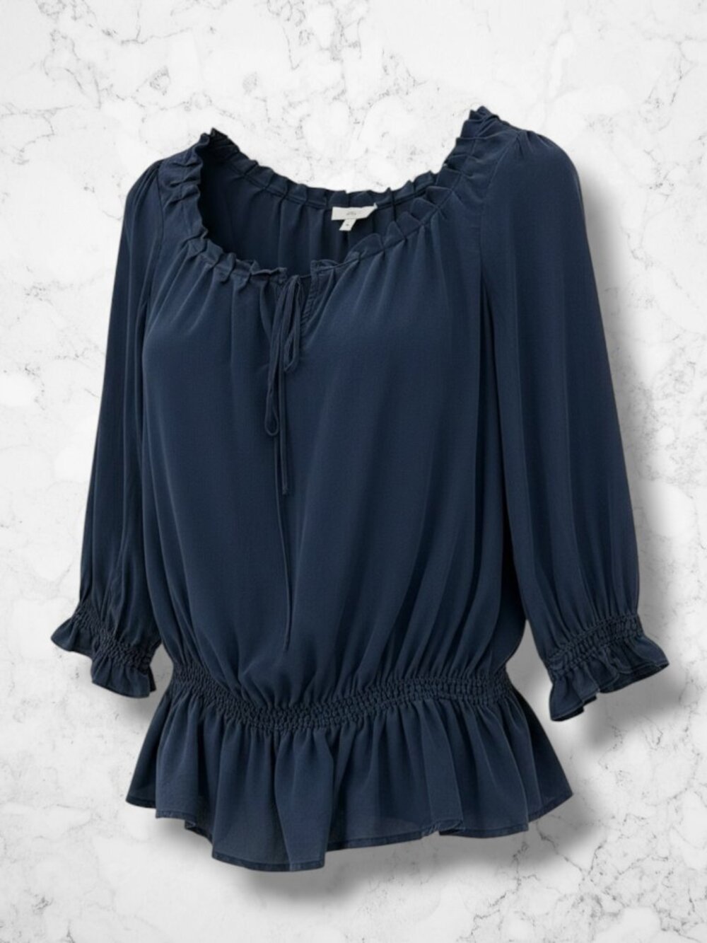 Joie Silk Navy Ruffle Tie Neck‎ Sheer Blouse XS